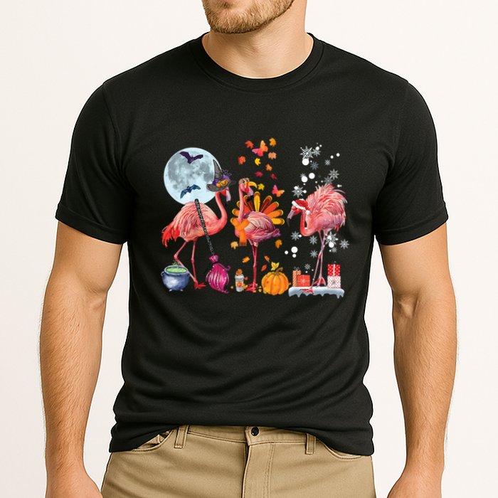 Flamingo Happy HalloThanksmas Funny Halloween Thanksgiving Christmas Cooling Performance Crew T-Shirt