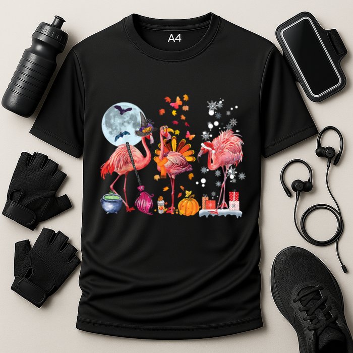 Flamingo Happy HalloThanksmas Funny Halloween Thanksgiving Christmas Cooling Performance Crew T-Shirt