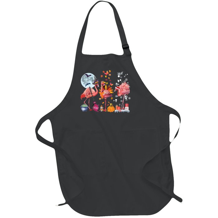 Flamingo Happy HalloThanksmas Funny Halloween Thanksgiving Christmas Full-Length Apron With Pockets