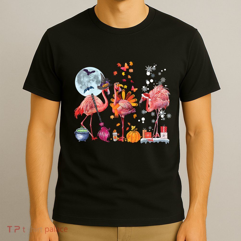 Flamingo Happy HalloThanksmas Funny Halloween Thanksgiving Christmas T-Shirt