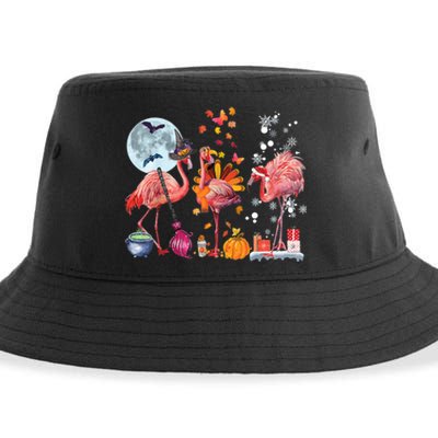 Flamingo Happy HalloThanksmas Funny Halloween Thanksgiving Christmas Sustainable Bucket Hat