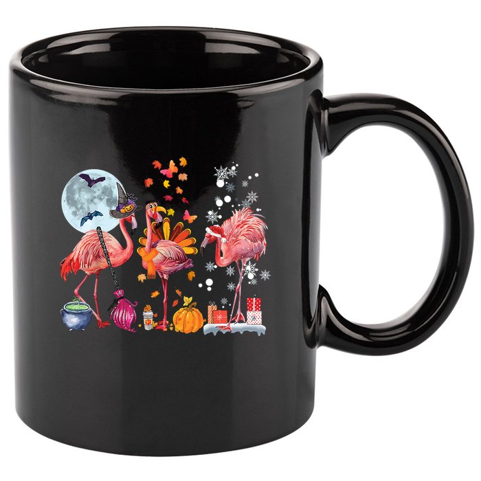 Flamingo Happy HalloThanksmas Funny Halloween Thanksgiving Christmas 11oz C Handle Ceramic Mug