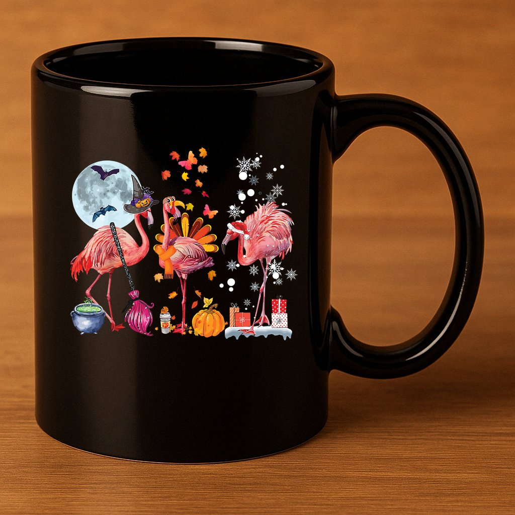 Flamingo Happy HalloThanksmas Funny Halloween Thanksgiving Christmas 11oz C Handle Ceramic Mug