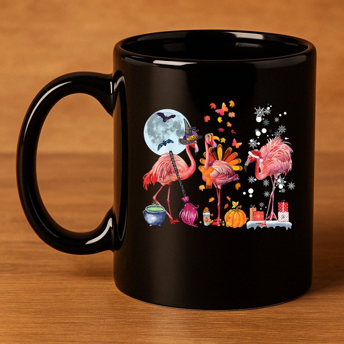 Flamingo Happy HalloThanksmas Funny Halloween Thanksgiving Christmas 11oz C Handle Ceramic Mug