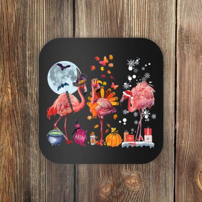 Flamingo Happy HalloThanksmas Funny Halloween Thanksgiving Christmas Coaster