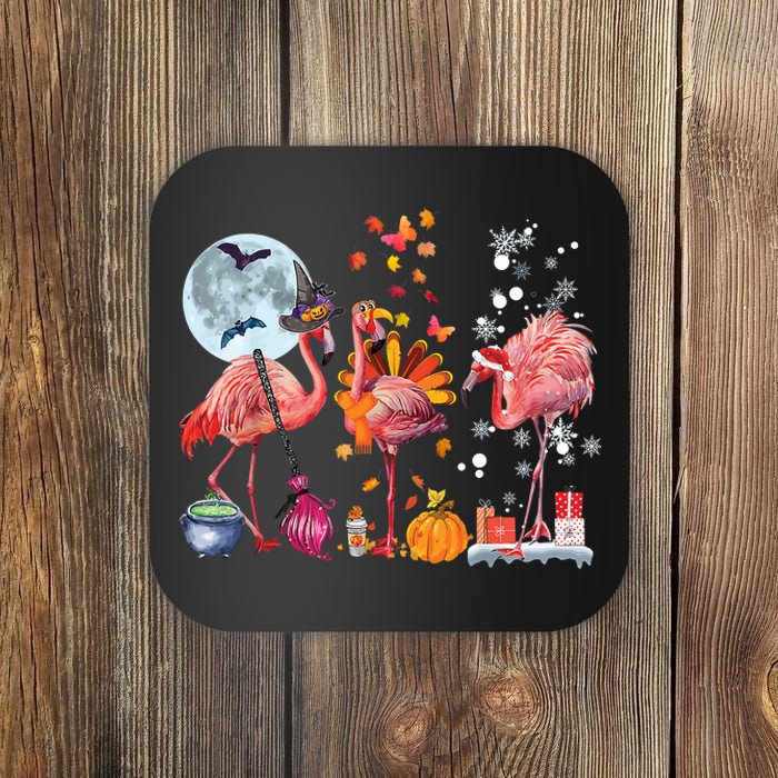 Flamingo Happy HalloThanksmas Funny Halloween Thanksgiving Christmas Coaster