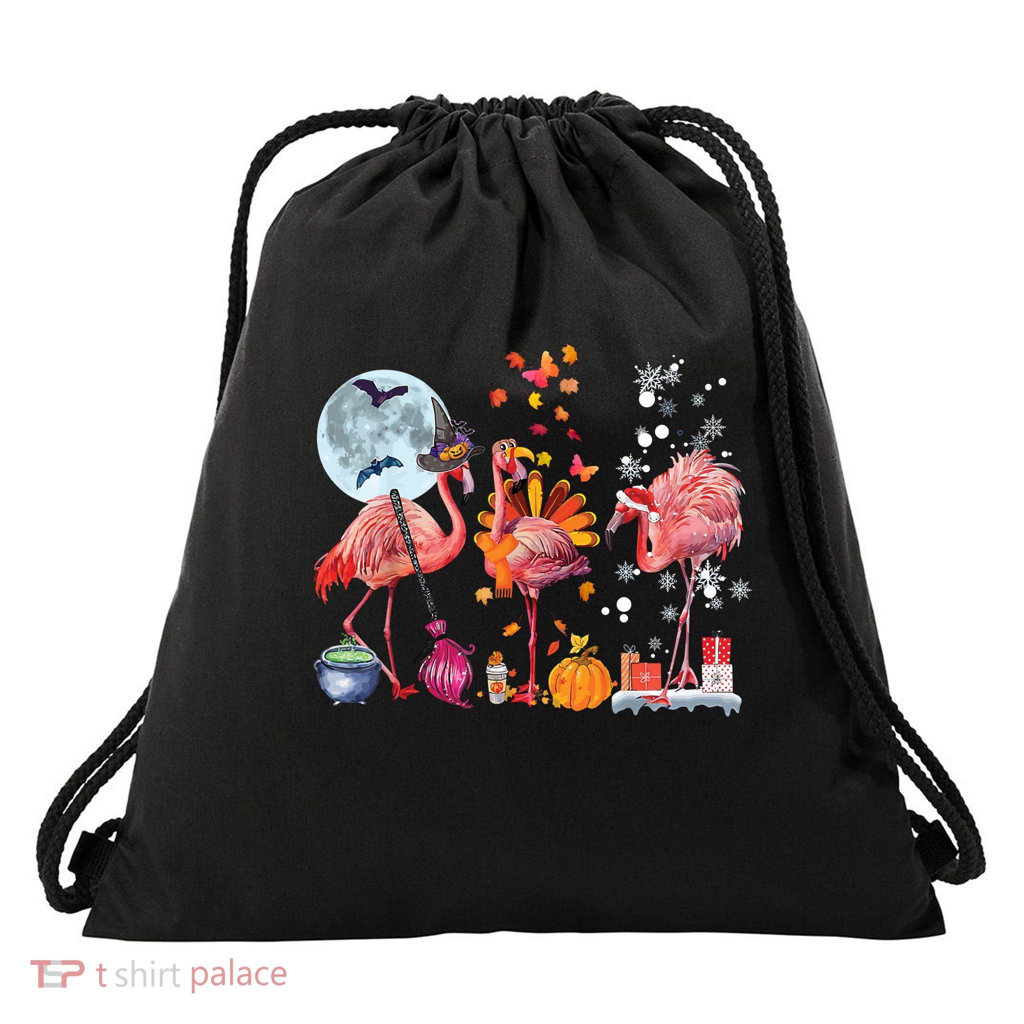 Flamingo Happy HalloThanksmas Funny Halloween Thanksgiving Christmas Drawstring Bag