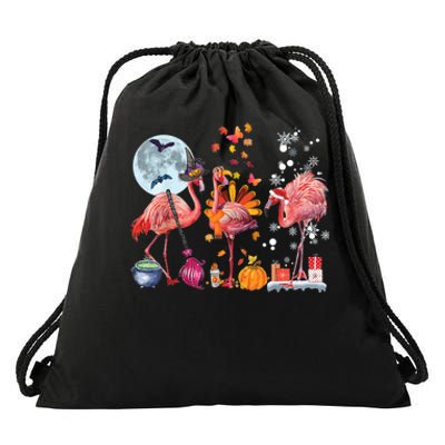 Flamingo Happy HalloThanksmas Funny Halloween Thanksgiving Christmas Drawstring Bag