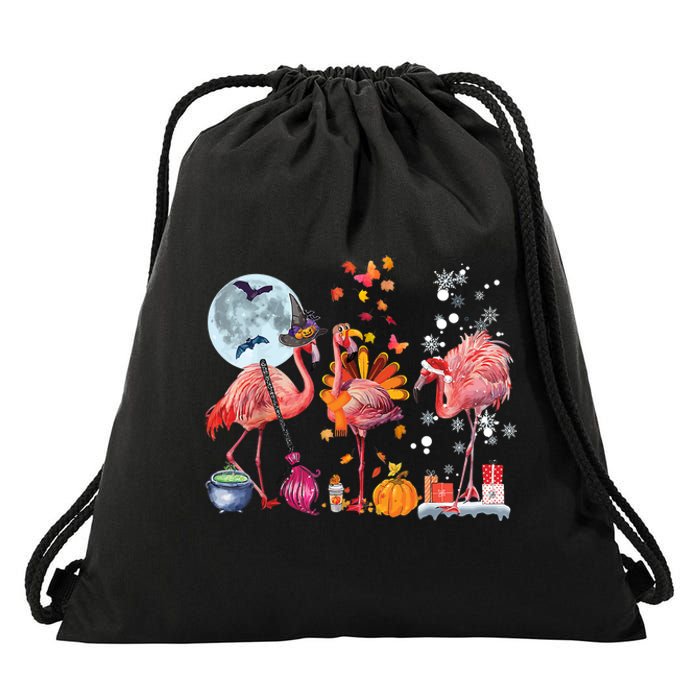 Flamingo Happy HalloThanksmas Funny Halloween Thanksgiving Christmas Drawstring Bag