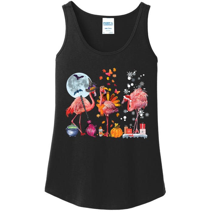 Flamingo Happy HalloThanksmas Funny Halloween Thanksgiving Christmas Ladies Essential Tank