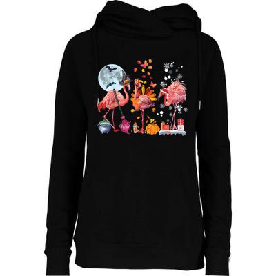 Flamingo Happy HalloThanksmas Funny Halloween Thanksgiving Christmas Womens Funnel Neck Pullover Hood
