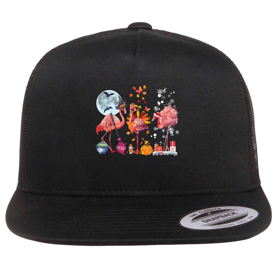 Flamingo Happy HalloThanksmas Funny Halloween Thanksgiving Christmas Flat Bill Trucker Hat