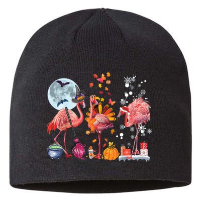 Flamingo Happy HalloThanksmas Funny Halloween Thanksgiving Christmas Sustainable Beanie