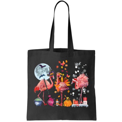 Flamingo Happy HalloThanksmas Funny Halloween Thanksgiving Christmas Tote Bag