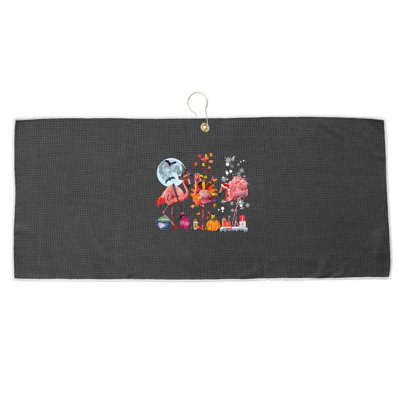 Flamingo Happy HalloThanksmas Funny Halloween Thanksgiving Christmas Large Microfiber Waffle Golf Towel