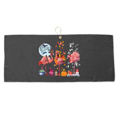 Flamingo Happy HalloThanksmas Funny Halloween Thanksgiving Christmas Large Microfiber Waffle Golf Towel