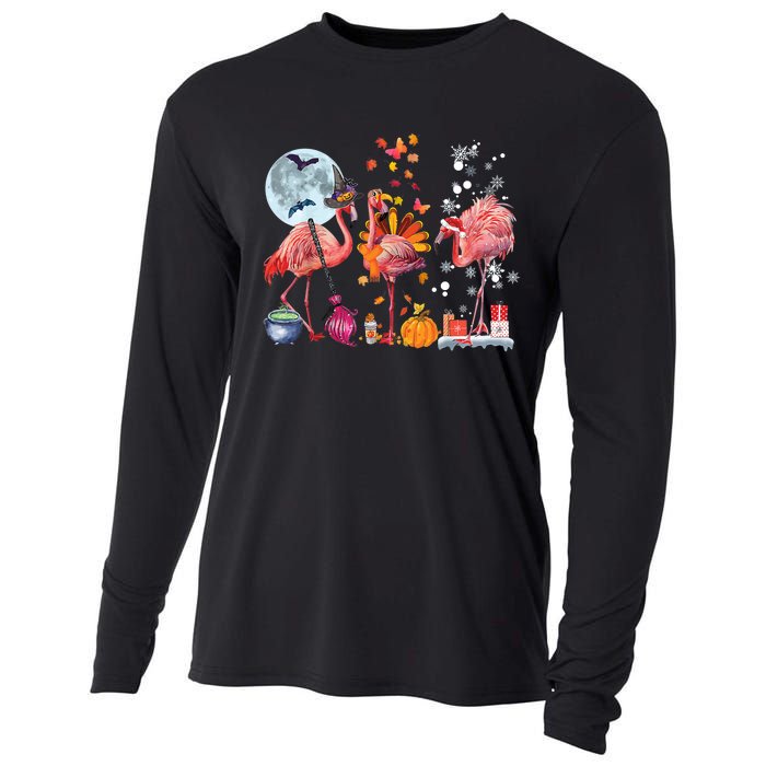 Flamingo Happy HalloThanksmas Funny Halloween Thanksgiving Christmas Cooling Performance Long Sleeve Crew