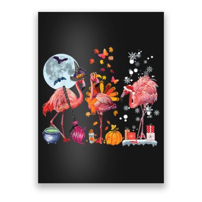 Flamingo Happy HalloThanksmas Funny Halloween Thanksgiving Christmas Poster