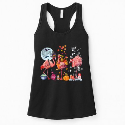 Flamingo Happy HalloThanksmas Funny Halloween Thanksgiving Christmas Womens Tank Top