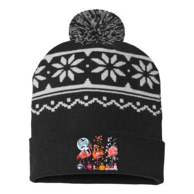 Flamingo Happy HalloThanksmas Funny Halloween Thanksgiving Christmas USA-Made Snowflake Beanie