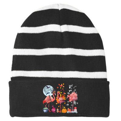 Flamingo Happy HalloThanksmas Funny Halloween Thanksgiving Christmas Striped Beanie with Solid Band