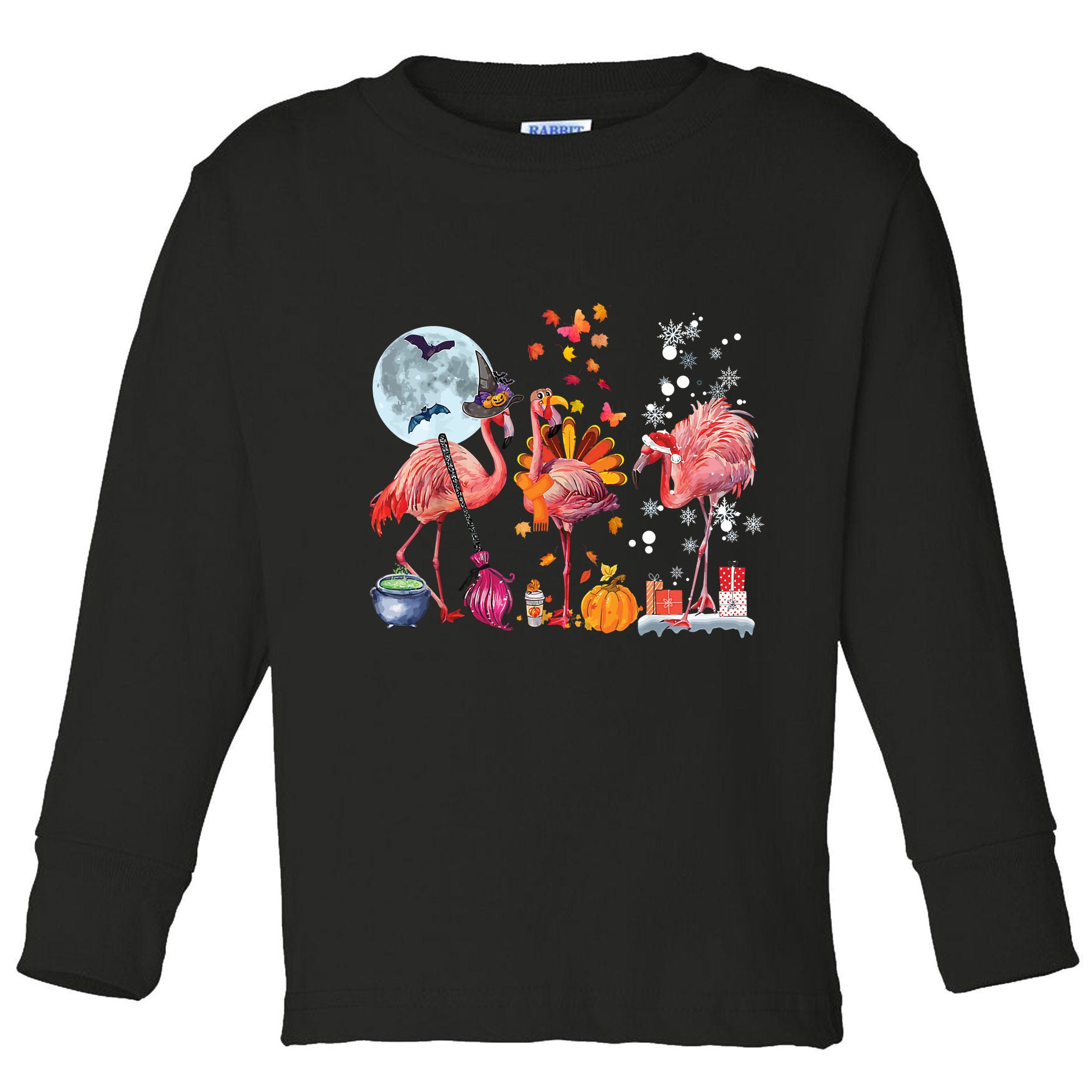 Flamingo Happy HalloThanksmas Funny Halloween Thanksgiving Christmas Toddler Long Sleeve Shirt