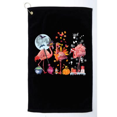 Flamingo Happy HalloThanksmas Funny Halloween Thanksgiving Christmas Golf Towel