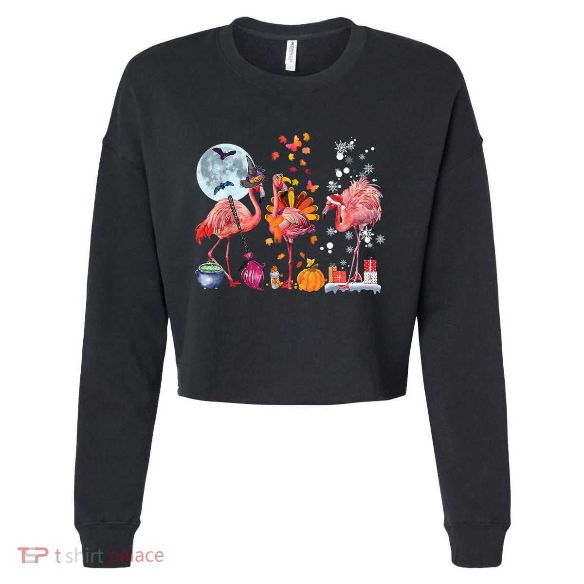 Flamingo Happy HalloThanksmas Funny Halloween Thanksgiving Christmas Cropped Pullover Crew