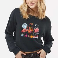 Flamingo Happy HalloThanksmas Funny Halloween Thanksgiving Christmas Cropped Pullover Crew