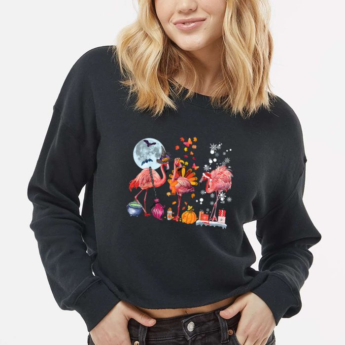 Flamingo Happy HalloThanksmas Funny Halloween Thanksgiving Christmas Cropped Pullover Crew