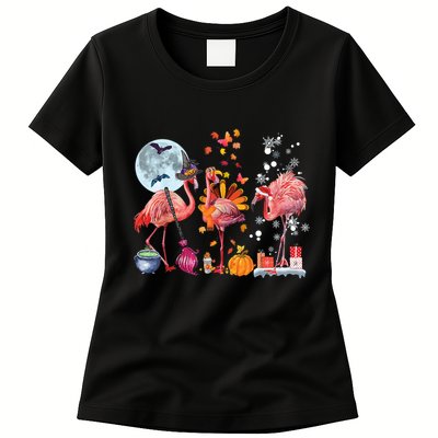Flamingo Happy HalloThanksmas Funny Halloween Thanksgiving Christmas Womens T-Shirt
