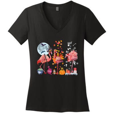 Flamingo Happy HalloThanksmas Funny Halloween Thanksgiving Christmas Women's V-Neck T-Shirt