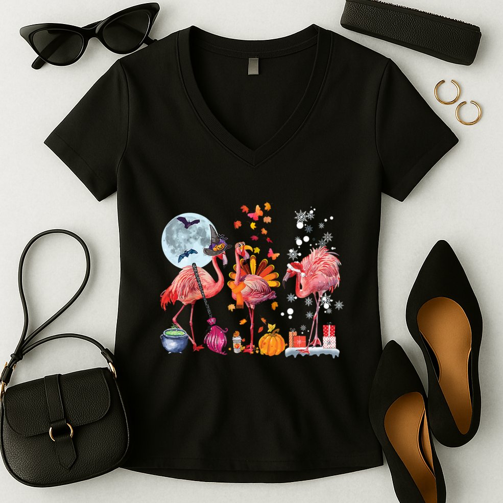 Flamingo Happy HalloThanksmas Funny Halloween Thanksgiving Christmas Women's V-Neck T-Shirt