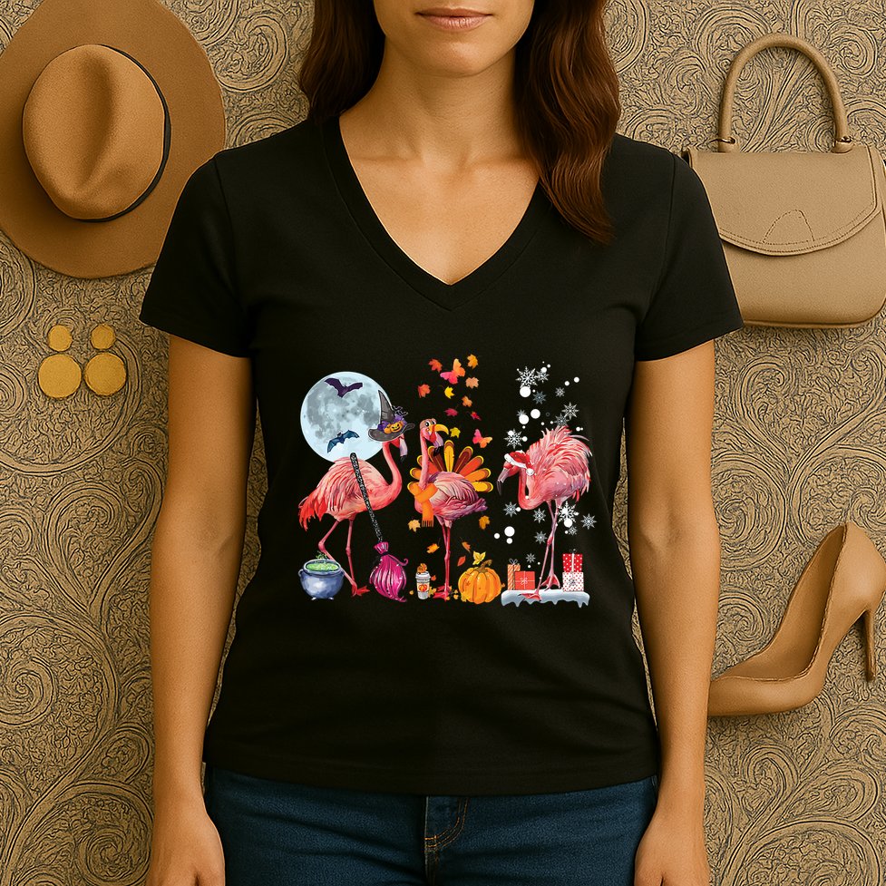 Flamingo Happy HalloThanksmas Funny Halloween Thanksgiving Christmas Women's V-Neck T-Shirt