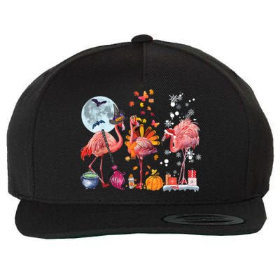 Flamingo Happy HalloThanksmas Funny Halloween Thanksgiving Christmas Wool Snapback Cap