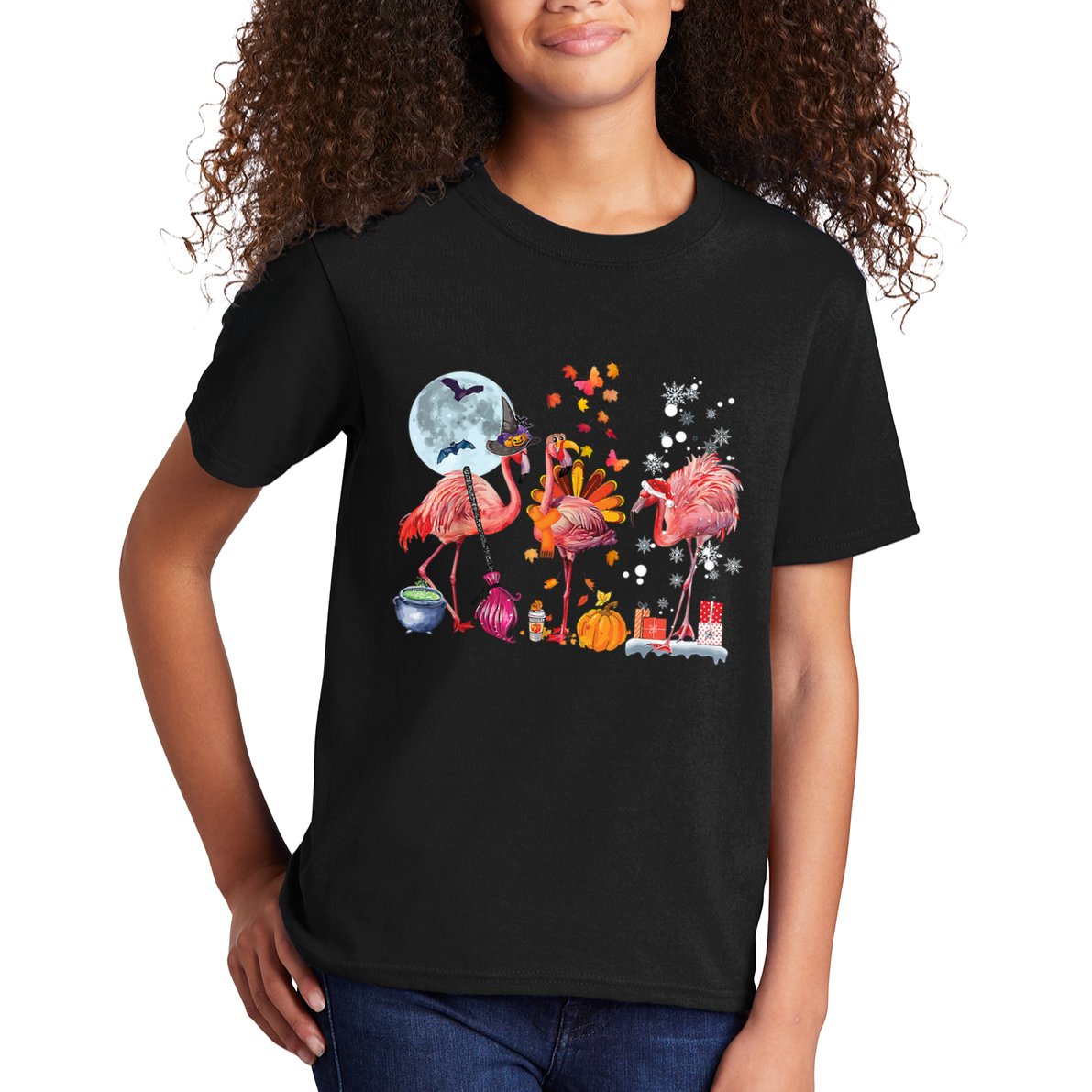 Flamingo Happy HalloThanksmas Funny Halloween Thanksgiving Christmas Kids T-Shirt