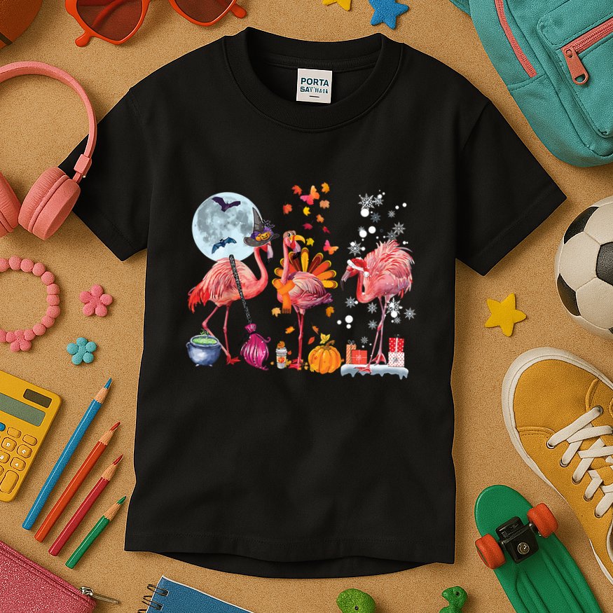 Flamingo Happy HalloThanksmas Funny Halloween Thanksgiving Christmas Kids T-Shirt
