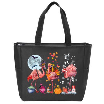 Flamingo Happy HalloThanksmas Funny Halloween Thanksgiving Christmas Zip Tote Bag