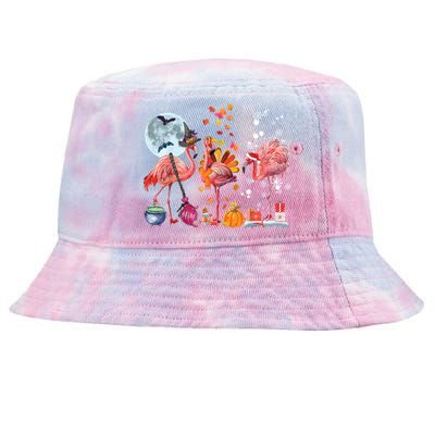 Flamingo Happy HalloThanksmas Funny Halloween Thanksgiving Christmas Tie-Dyed Bucket Hat