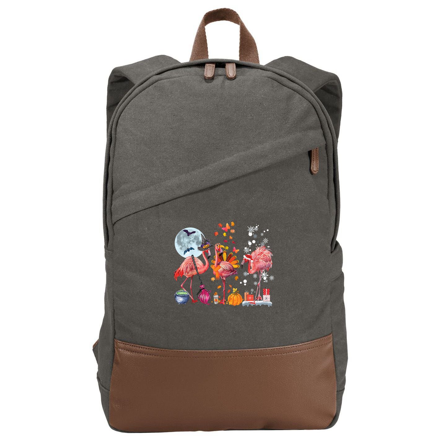 Flamingo Happy HalloThanksmas Funny Halloween Thanksgiving Christmas Cotton Canvas Backpack