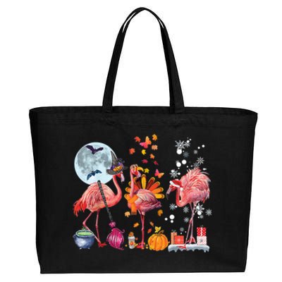 Flamingo Happy HalloThanksmas Funny Halloween Thanksgiving Christmas Cotton Canvas Jumbo Tote