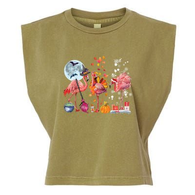 Flamingo Happy HalloThanksmas Funny Halloween Thanksgiving Christmas Garment-Dyed Women's Muscle Tee