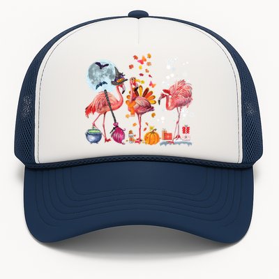 Flamingo Happy HalloThanksmas Funny Halloween Thanksgiving Christmas Trucker Hat