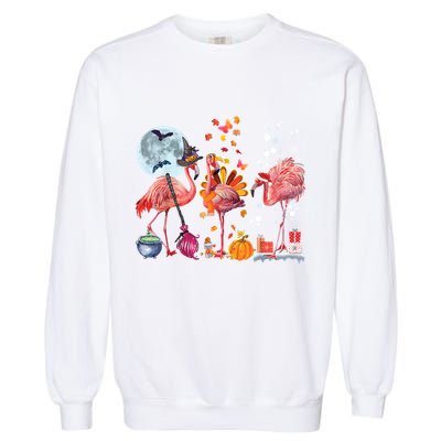 Flamingo Happy HalloThanksmas Funny Halloween Thanksgiving Christmas Garment-Dyed Sweatshirt
