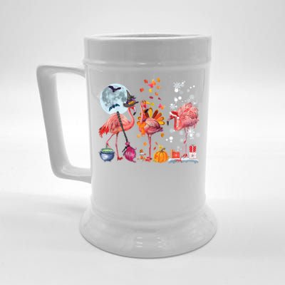 Flamingo Happy HalloThanksmas Funny Halloween Thanksgiving Christmas Beer Stein