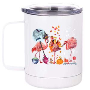 Flamingo Happy HalloThanksmas Funny Halloween Thanksgiving Christmas 12 oz Stainless Steel Tumbler Cup