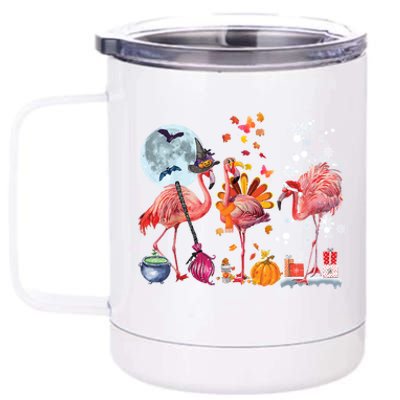 Flamingo Happy HalloThanksmas Funny Halloween Thanksgiving Christmas 12 oz Stainless Steel Tumbler Cup