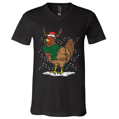 Festive Holiday Hen with Santa Hat for Farm Lovers V-Neck T-Shirt