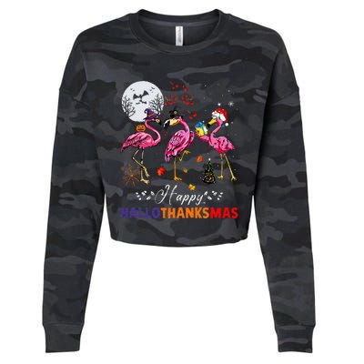 Flamingo Happy HalloThanksmas Funny Halloween Thanksgiving Cropped Pullover Crew