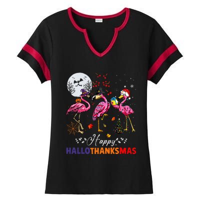 Flamingo Happy HalloThanksmas Funny Halloween Thanksgiving Ladies Halftime Notch Neck Tee